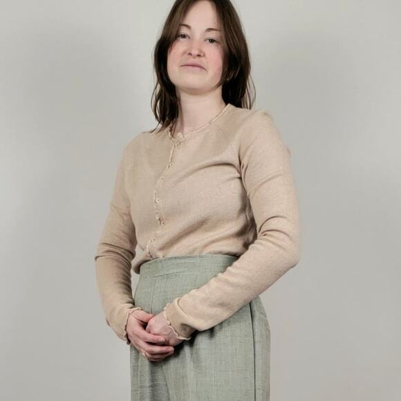 Vintage 90s Y2K Wool Angora Ruffle Cardigan Tan Small - Picture 2 of 10